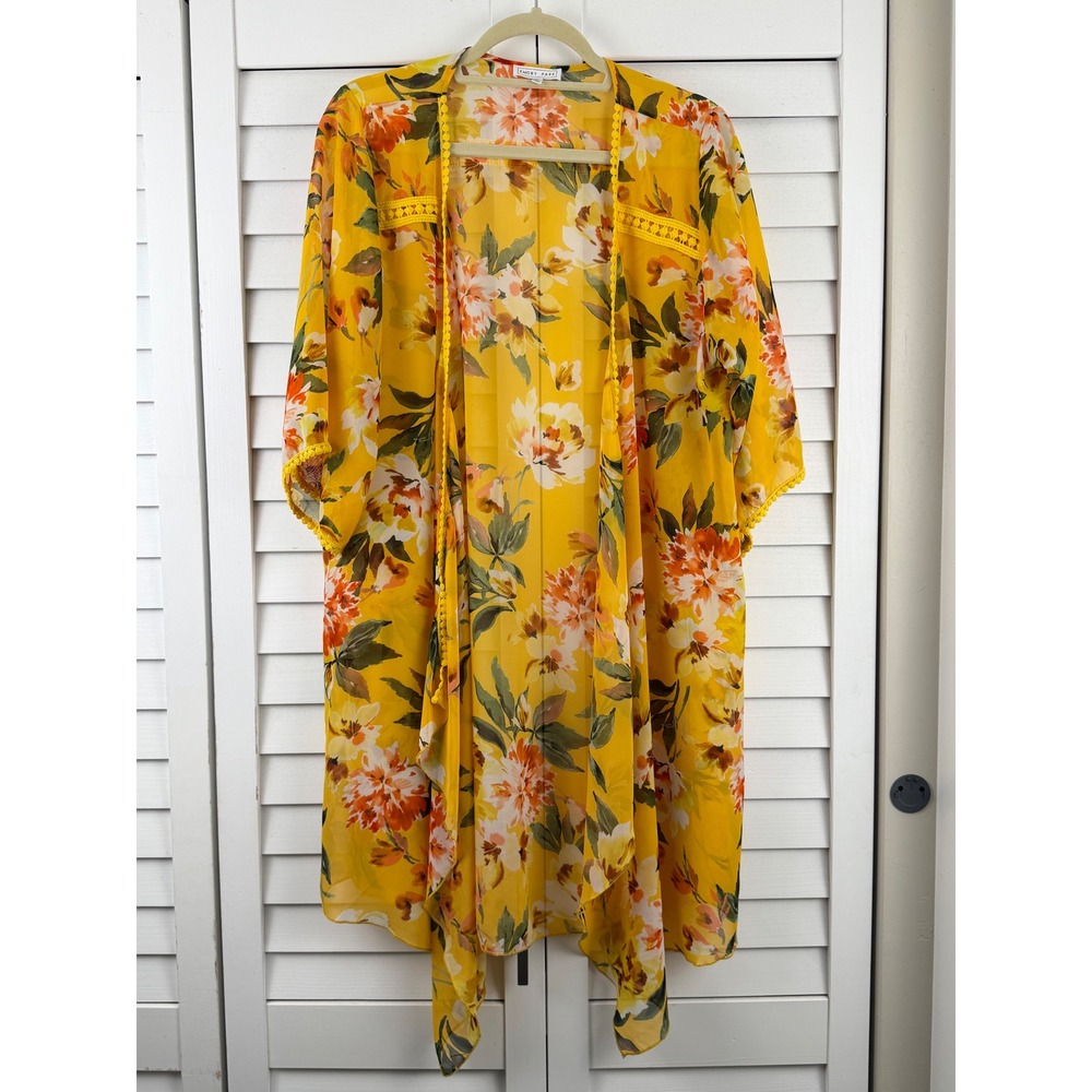 Emory Park Kimono XL Yellow Floral Sheer Pom Pom Trim Crochet Detail